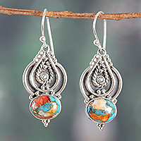 Sterling silver dangle earrings, 'Regal Islands' - Traditional Composite Turquoise Dangle Earrings from India