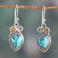 Citrine dangle earrings, 'Summer Success' - Citrine and Composite Turquoise Dangle Earrings from India