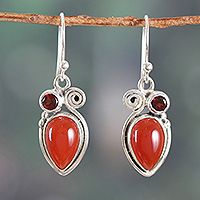 Carnelian and garnet dangle earrings, 'Autumn Flame' - Carnelian and Garnet Dangle Earrings from India