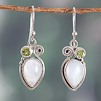 Rainbow moonstone and peridot dangle earrings, 'Springtime Harmony' - Rainbow Moonstone and Peridot Dangle Earrings from India