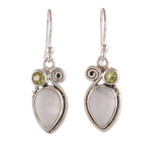 Rainbow moonstone and peridot dangle earrings, 'Springtime Harmony' - Rainbow Moonstone and Peridot Dangle Earrings from India