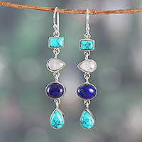 Multi-gemstone dangle earrings, 'Harmonious Quartet' - Polished Blue Multi-Gemstone Dangle Earrings from India