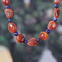 Carnelian and lapis lazuli beaded necklace, 'Celestial Dance' - Carnelian and Lapis Lazuli Beaded Necklace from India