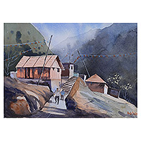 'Crimson Twilight in the Himalayas' - Signed Impressionist Watercolor on Paper Himalayas Painting