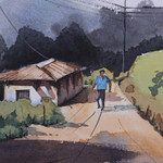 'Solitary Stroll' - Signed Impressionist Watercolor on Paper Landscape Painting