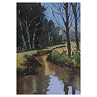 'Whispering River' - Signed Impressionist Watercolor on Paper Forest Painting