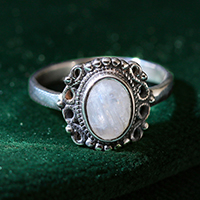 Rainbow moonstone single stone ring, 'Harmonious Memory' - Natural 1-Carat Rainbow Moonstone Baroque Single Stone Ring