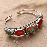 Reconstituted turquoise and carnelian cuff bracelet, Lively Allure