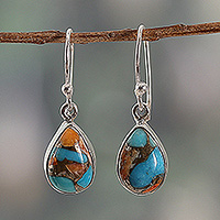 Reconstituted turquoise dangle earrings, 'Lively Allure' - Reconstituted Turquoise Silver Teardrop Dangle Earrings