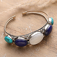 Multi-gemstone cuff bracelet, 'Imperial Allure' - Calcite Lapis Lazuli and Rainbow Moonstone Cuff Bracelet