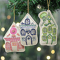 Glass beaded wool felt ornaments, 'Frosted Alleys' (set of 3) - Set of 3 Beaded and Embroidered Gingerbread House Ornaments