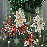 Paper ornaments, 'Christmas Blossoms' (set of 5) - Set of 5 Christmas-Themed Floral Glittering Paper Ornaments