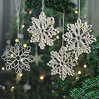 Paper ornaments, 'Enchanted Snowflakes' (set of 4) - Set of 4 Snowflake-Shaped Paper Christmas Ornaments