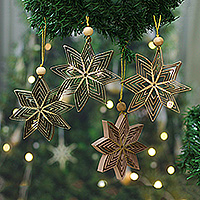 Paper ornaments, 'Glittering Constellation' (set of 4) - Set of 4 Star-Shaped Paper Christmas Ornaments with Glitter