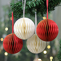 Paper ornaments, 'Merry Disco' (set of 4) - Set of 4 Red and Ivory Glittering Paper Christmas Ornaments