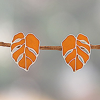 Sterling silver button earrings, 'Autumn Magic' - Autumn-Inspired Orange Sterling Silver Button Earrings