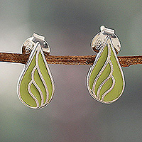 Sterling silver button earrings, 'Primaveral Leaves' - Spring-Themed Leaf-Shaped Green Button Earrings