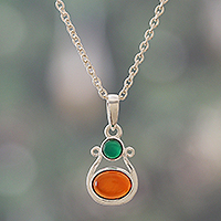 Carnelian and onyx pendant necklace, 'One Harmony' - Classic Carnelian and Onyx Pendant Necklace from India