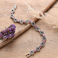 Marcasite and ruby link bracelet, 'Blooming Marchioness' - Faceted 4-Carat Marcasite and Ruby Link Bracelet from India