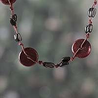 Wood beaded long necklace, 'Magical Fusion' - Hand-Carved Brown Wood Beaded Long Necklace from India