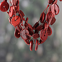 Wood beaded statement necklace, 'Sunset Kiss' - Hand-Carved Wood Beaded Statement Necklace from India in Red