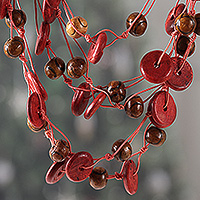 Wood beaded statement necklace, 'Majestic Splendor' - Hand-Carved Red Brown Pink Wood Beaded Statement Necklace