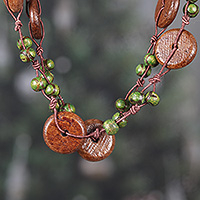 Wood beaded station necklace, Harmony in Forest