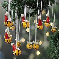 Wool felt ornaments, 'Festive Bees' (set of 12) - 12-Piece Holiday-Themed Bee-Shaped Wool Felt Ornaments