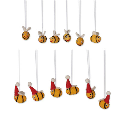 Wool felt ornaments, 'Festive Bees' (set of 12) - 12-Piece Holiday-Themed Bee-Shaped Wool Felt Ornaments