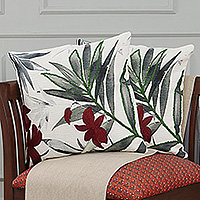 Embroidered cotton cushion covers, 'Blissful Jungle' (pair) - Pair of Leafy and Floral Embroidered Cotton Cushion Covers