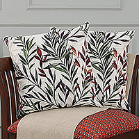 Embroidered cotton cushion covers, 'Scarlet Scape' (pair) - Pair of Leafy Aari Embroidered Cotton Cushion Covers