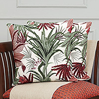 Embroidered cotton cushion covers, 'Vermilion Nature' (pair) - Pair of Embroidered Green and Red Cotton Cushion Covers