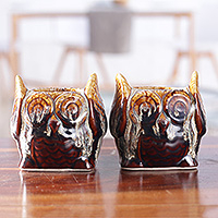 Ceramic flower pots, 'Mystic Owls' (pair) - Pair of Owl-Shaped Ceramic Flower Pots in Brown Hues