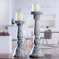 Wood candle holders, 'Blue Flames' (set of 2) - Set of 2 Distressed Blue Mango Wood Candle Holders