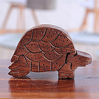 Wood puzzle box, 'Turtle Mystery' - Hand-Carved Turtle-Shaped Mango Wood Puzzle Box from India