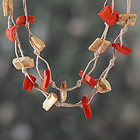 Cotton station necklace, 'Intense Autumn' - Handmade Red and Ivory Cotton Station Necklace from India