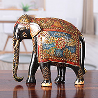 Wood sculpture, 'Majesty of the Wild' - Traditional Hand-Painted Neem Wood Royal Elephant Sculpture