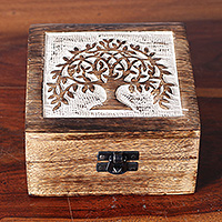 Wood decorative box, 'Petite Prosperity' - Tree of Life Mango Wood Decorative Box in a Burnt Finish