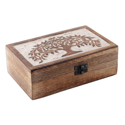 Wood decorative box, 'Portrait of Prosperity' - Burnt Finished Tree of Life Mango Wood Decorative Box