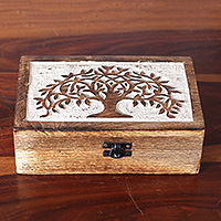 Wood decorative box, 'View of Prosperity' - Burnt Finished Rectangular Tree of Life Wood Decorative Box