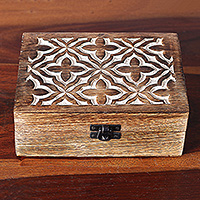 Wood decorative box, 'Floral Veil' - Hand-Carved Jaali-Inspired Floral Mango Wood Decorative Box