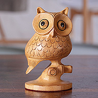 Wood magnet, 'Wooden Wisdom' - Hand-Carved Owl-Shaped Kadam Wood Magnet from India