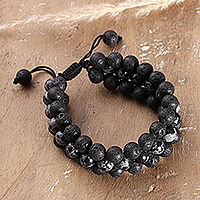 Obsidian and lava stone beaded bracelet, 'Shadows of Winter' - Adjustable Natural Obsidian and Lava Stone Beaded Bracelet