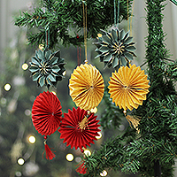 Paper ornaments, 'Blooms of Christmas' (set of 6) - Set of 6 Classic Christmas-Themed Floral Paper Ornaments