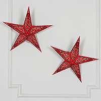 Paper wall accents, 'Stellar Crimson' (pair) - Pair of Handcrafted Red Paper Star Wall Accents with Glitter