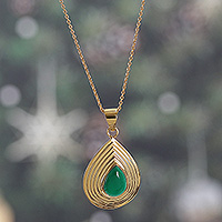 Onyx pendant necklace, 'Jubilant Tear' - Polished Brass Necklace with Teardrop Green Onyx Pendant