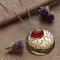 Onyx pendant necklace, 'Glowing Flame' - High-Polished Brass and Red Onyx Pendant Necklace