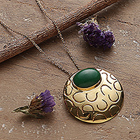 Onyx pendant necklace, 'Glowing Era' - High-Polished Brass and Green Onyx Pendant Necklace