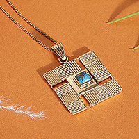 Brass pendant necklace, 'Paths to Serenity' - Traditional Geometric Recon Turquoise Brass Pendant Necklace