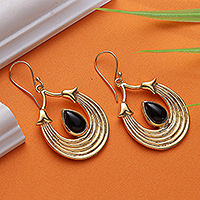 Onyx dangle earrings, 'Midnight Cradle' - High-Polished Semi-Abstract Black Onyx Dangle Earrings